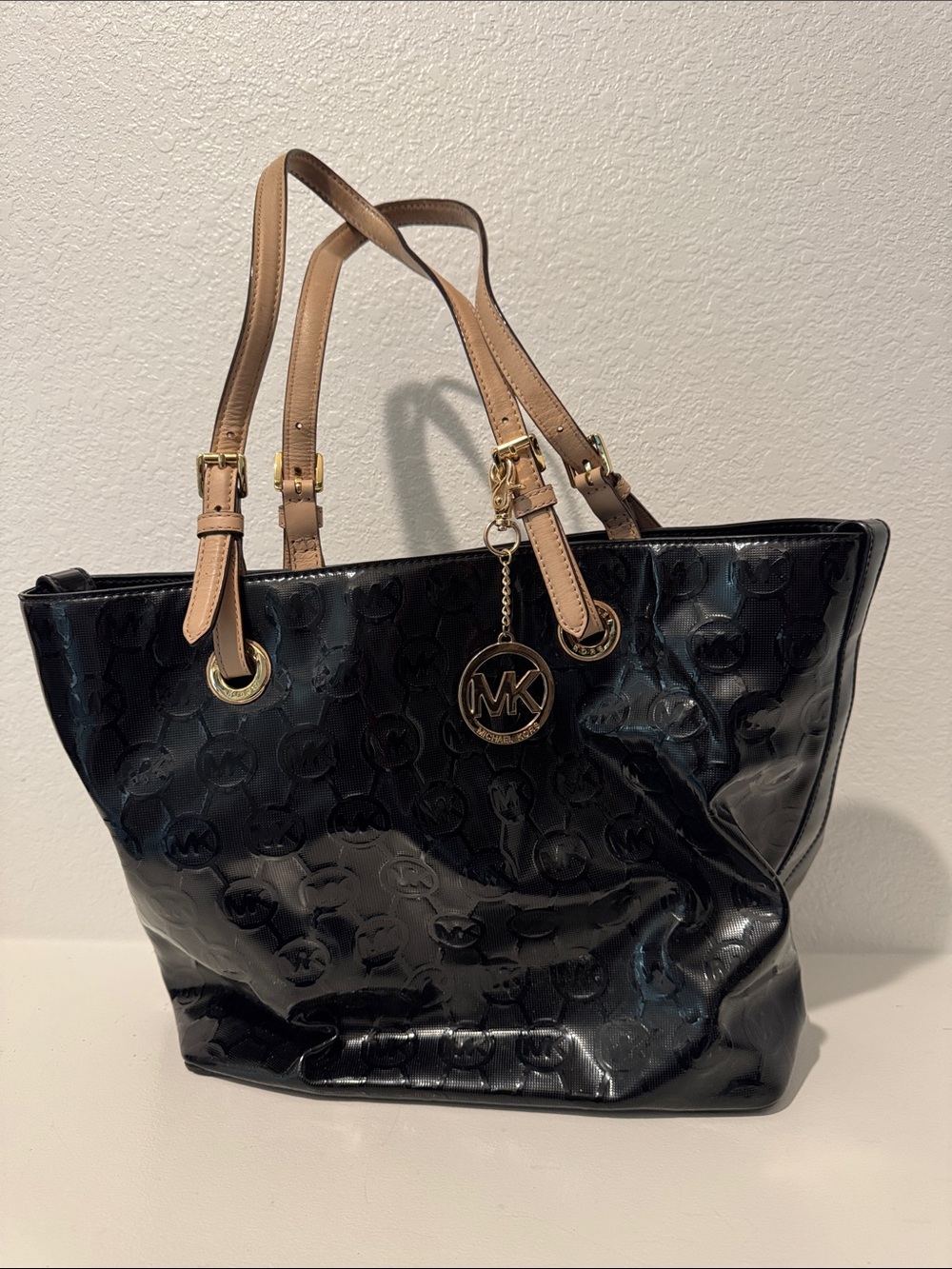 Michael Kors Black Patent Tote with Tan Straps and MK Charm
